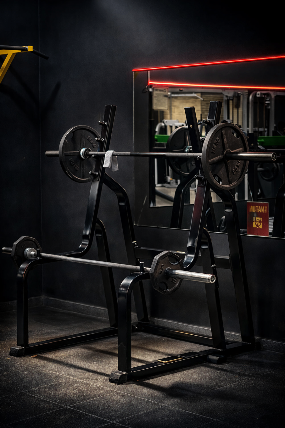 Máquina de press con discos frente al espejo en Mutant Gym